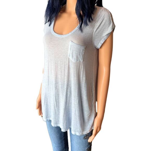 NEW Anthropologie Maronie Light Blue Cold Shoulder Pocket Tee Size Large - Picture 2 of 5